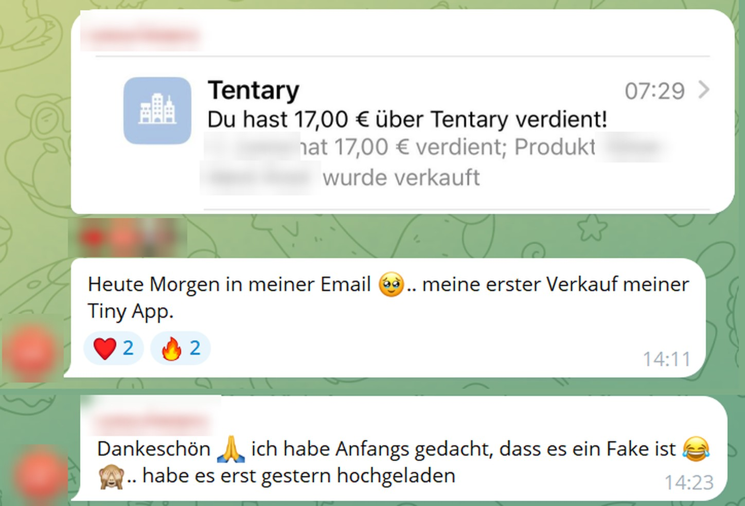 Originalnachricht einer Kundin: erster Verkauf ihrer Tiny App, 17,00 € über Tentary